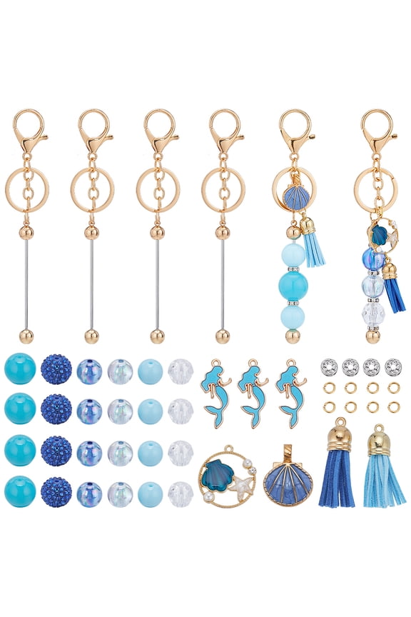 DIY Ocean Theme Beadable Keychain Making Kit Including & Shell Shape Alloy Pendant & Keychain Acrylic & Resin Rhinestone Beads Tassel Pendant Blue