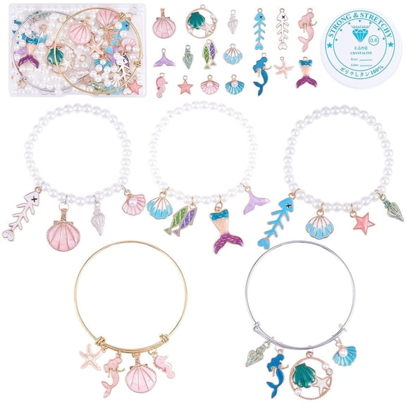DIY Ocean Theme Bracelet Bangle Making Kit Including Fishbone & Spiral Shell & Mermaid Alloy Enamel Pendants Plastic Pearl Beads Expandable Bangle Mixed Color 164Pcs/box