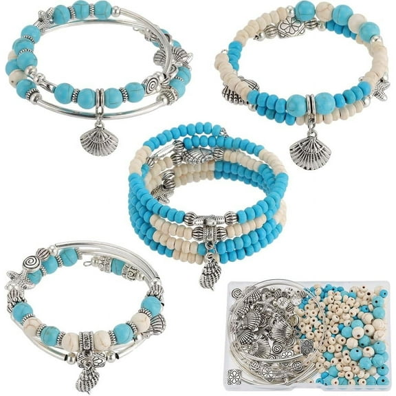 DIY Ocean Theme Wrap Bracelet Making Kit Including Synthetic Turquoise & Alloy & Brass & Rhinestone Beads Alloy Charms Steel Memory Wire Starfish & Shell Flower Deep Sky Blue 401Pcs/box