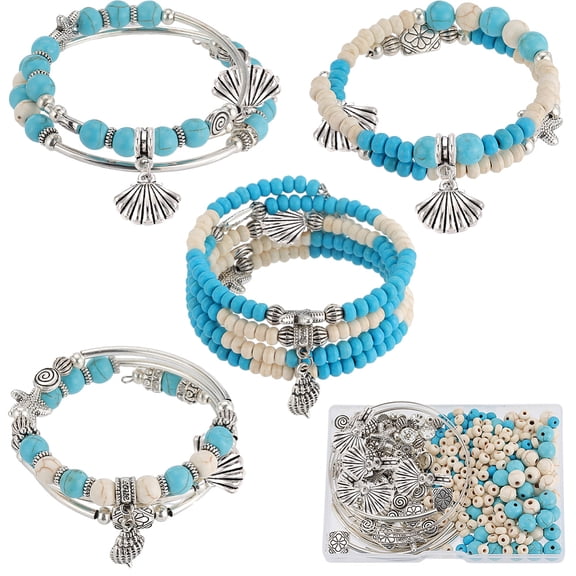 DIY Ocean Theme Wrap Bracelet Making Kit Including Turquoise & Alloy & Brass & Rhinestone Beads Alloy Charms Steel Memory Wire Starfish & Shell Flower