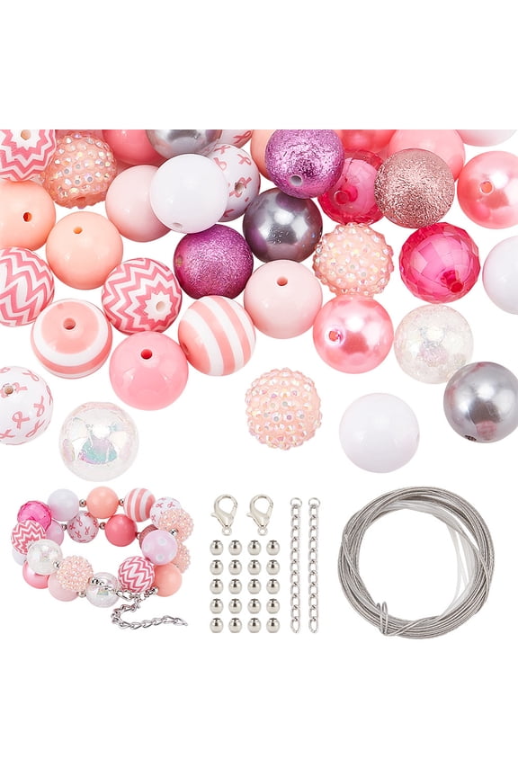 DIY October Breast Cancer Pink Awareness Ribbon Theme Bracelet Keychain Pendant Decoration Making Kit Including Acrylic Round Beads Wire