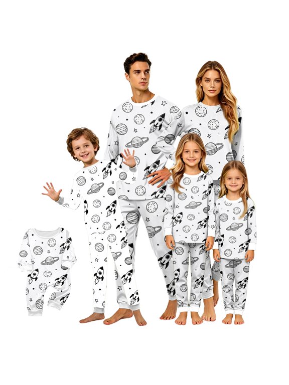 DIY Outfits, Printed One Piece Pajama Jumpsuit, Long Sleeve Black White Celestial Doodle Print Full Body Romper, Soft Matching Sleepwear for Kids Bedtime Home Lounge Travel Everyday Relaxed Wear