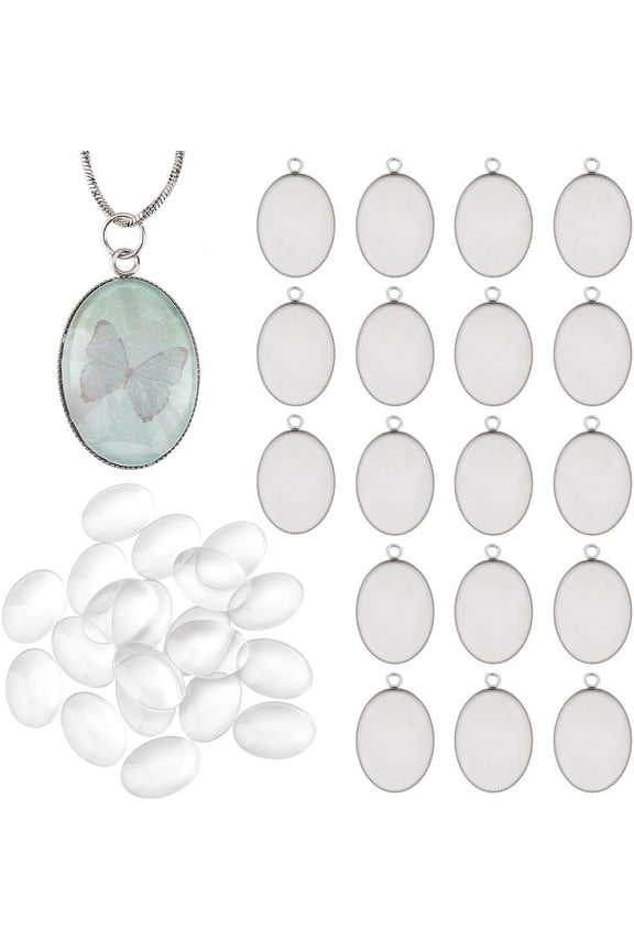 DIY Oval Blank Dome Pendant Making Kit Including 304 Stainless Steel Pendant Cabochon Settings Glass Cabochons Stainless Steel Color 40Pcs/box DIY