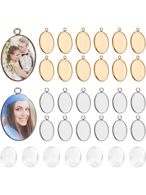 DIY Oval Pendant Kis including 304 Stainless Steel Pendant Cabochon Settings Glass Cabochons Mixed Color Tray: 18x13mm 22~23x14x1mm for DIY