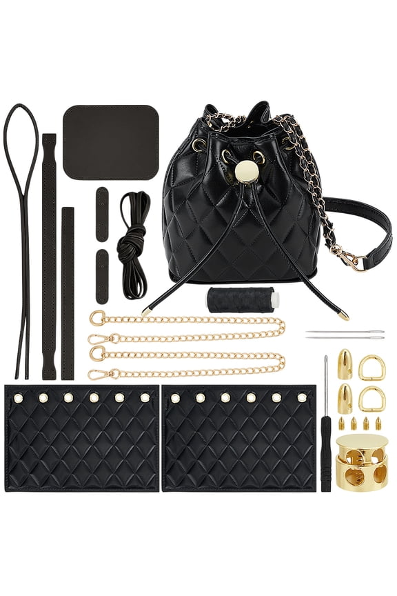 DIY PU Leather Bucket Bag Kit Crossbody Bag Sewing Knitting Sets for Purse Handbag Materials Accessories for DIY Shoulder Bag Black