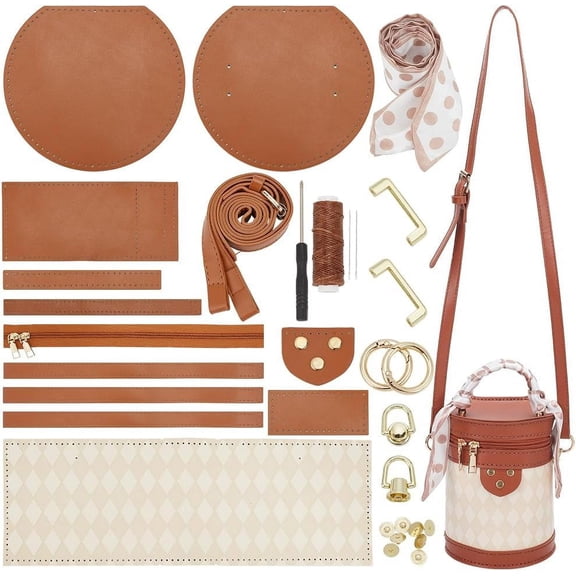 DIY PU Leather Crossbody Bag Making Kit Shoulder Bucket Bag Making Set for Purse DIY Making Handmade Stitch Leather Bag Making Materials for DIY Handbag Accessories Shoulder Bag Making Sienna