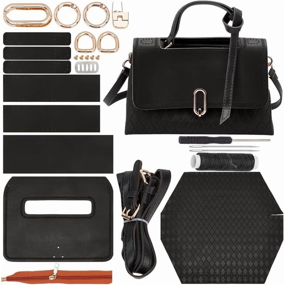 DIY PU Leather Sewing Handbag Making Kit Plaid Pattern Clutch Bag Making Kit for Women PU Leather Crossbody Bags for Craft Bag Making Accessories 10.23x3.34x7.08 Inch Black Black DIY