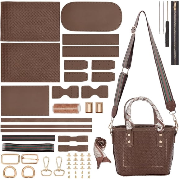 DIY PU Leather Shoulder Bag Making Kit DIY Leather Silk Ribbon Shoulder Tote Bag Making Material Women Handicraft Crossbody Bag Making Tool Kit Handmade Craft Bag Making Accessories Brown 1set