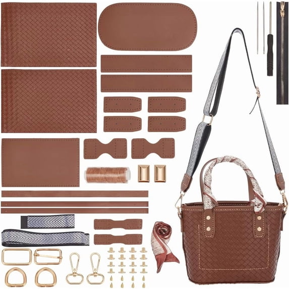 DIY PU Leather Shoulder Bag Making Kit DIY Leather Silk Ribbon Shoulder Tote Bag Making Material Women Handicraft Crossbody Bag Making Tool Kit Handmade Craft Bag Making Accessories Brown