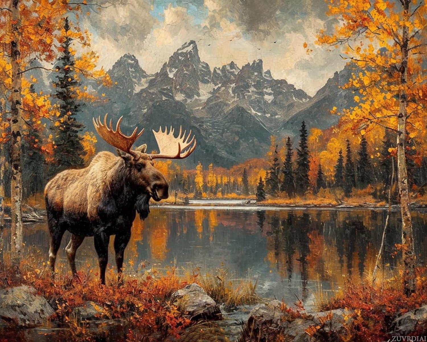 DIY Paint by Numbers for Adults Beginner, Moose's Autumn Lake Visit, Paint by Numbers Kit Painting by Numbers for Adults(16x20 Inch, No Frame),1 Color,16"x20"