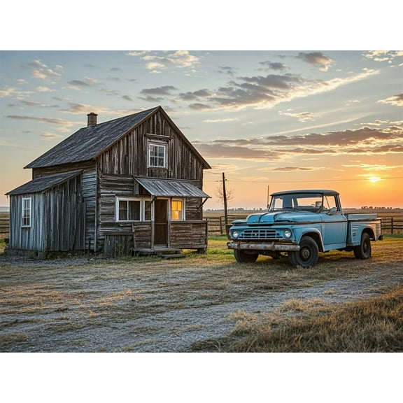 DIY Paint Round Diamonds Paintings,5D Diamond Art Kit,Sunset car warm wooden house pattern,handmade for Beginners,Number Stitch Arts and Crafts,for Home Living Room Wall Decor (16X12 Inch)