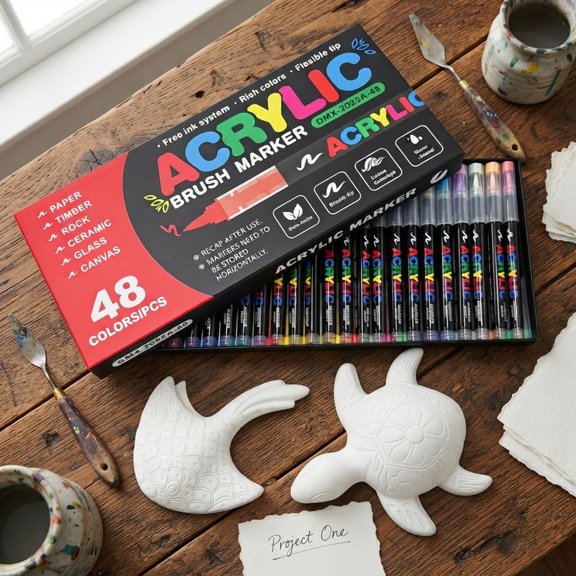 DIY Paint Your Own Sea Creature Figurine Kit, 2 White Blank Resin Statues of Turtle and Manta Ray with 48 Colors Acrylic Marker Set, Art Craft Kit for Kids and Adults
