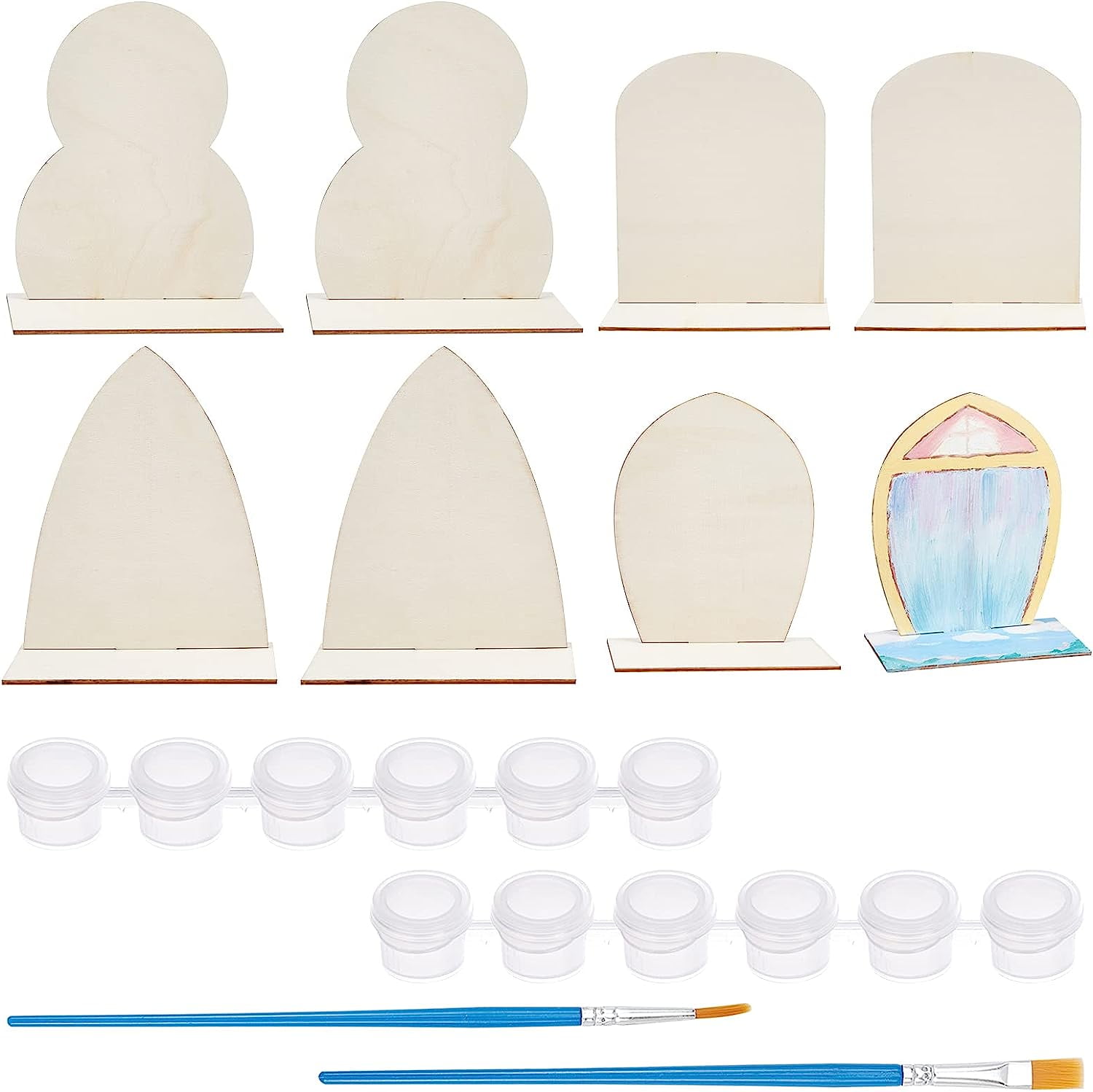 DIY Painting Kits 8 Sets Wooden Painting Molds 2 Pcs Plastic 6 Pots Mini Empty Paint Cups with Lids and 2 Pcs Plastic Paint Brushes Pens for Painting Craft Drawing Beige