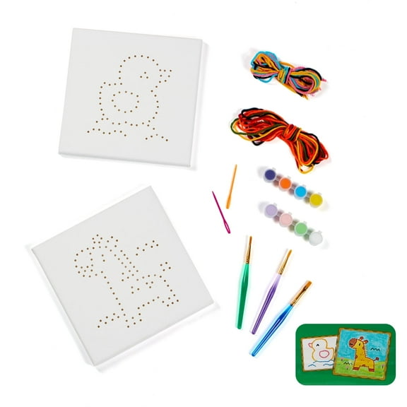 Artkey DIY Painting and Sewing Stretched Canvas Kit – Includes 2 Pre-Printed 20x20cm Canvas for Painting with Threading Kits, Acrylic Paints, and Brushes