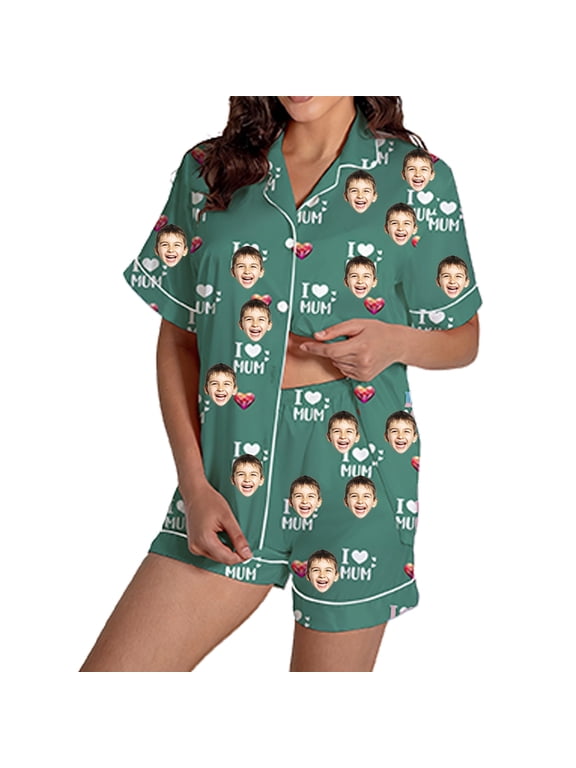 DIY Pajama Set (Two-Piece)-short-Sleeved and Short-Pants Suit,Custom Pajamas Set with Photo Face Personalized Pajama Pjs Funny Valentines Gifts for Men Women Matching Couples Sleepwear (Dark Green/S)