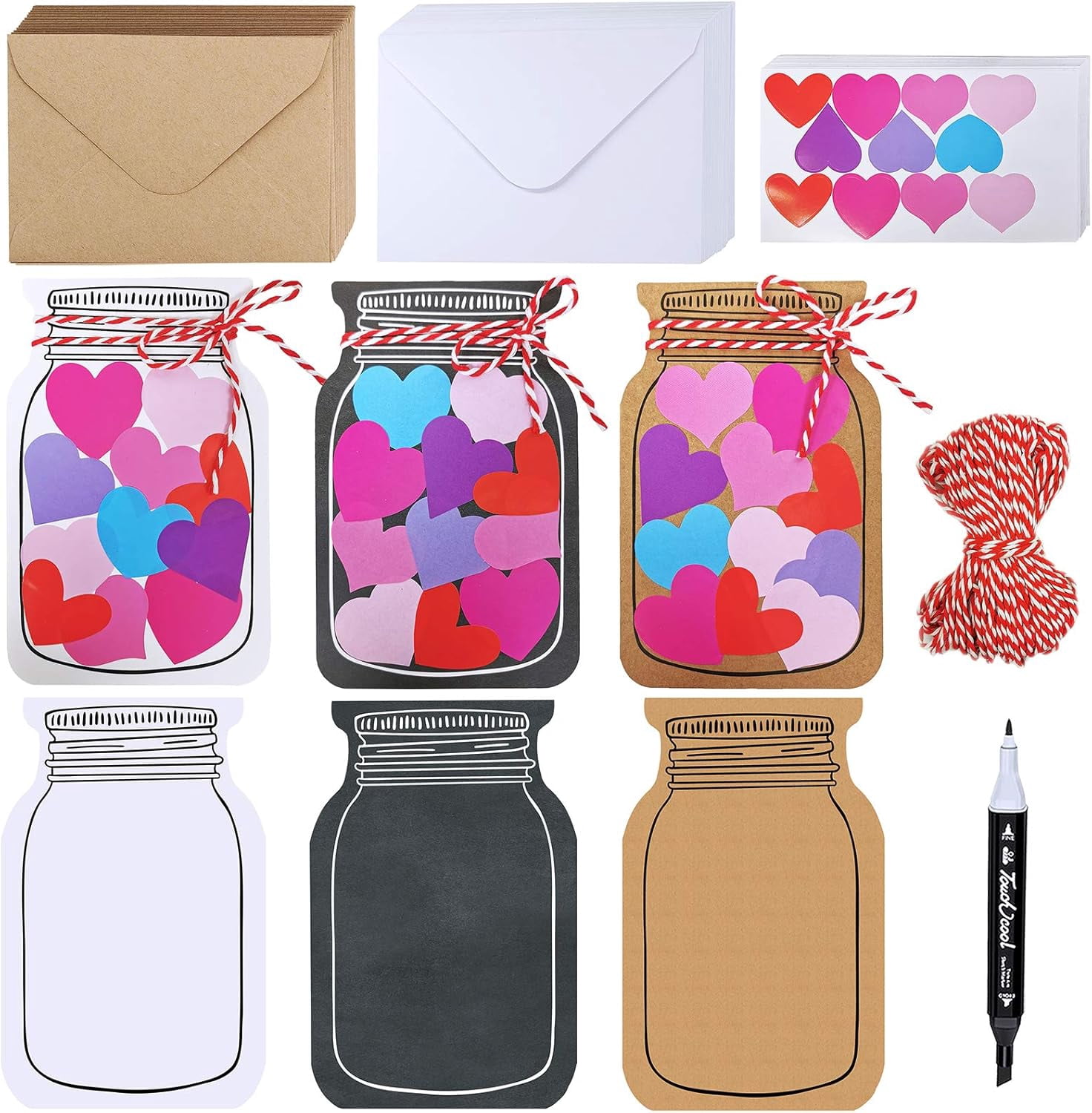 DIY Paper Heart in Jar Cards and Envelopes Stickers, Blank Die-cut Jar Cardstock Note Cards with Assorted Love Hearts Stickers for Greeting