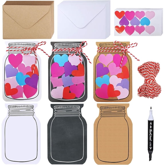 DIY Paper Heart in Jar Cards and Envelopes Stickers, Blank Die-cut Jar Cardstock Note Cards with Assorted Love Hearts Stickers for Greeting