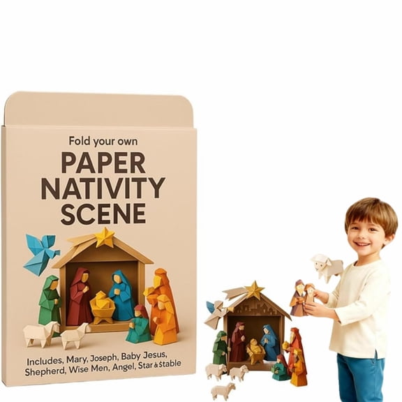 DIY Paper Nativity Scene - Christmas Origami Craft Set with Jesus Christ Holy Family, DIY Paper Pets Kit with Jesus Angel & Animal, Holiday Family Activity (Brown)