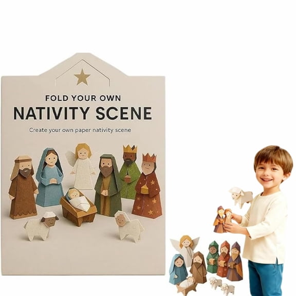 DIY Paper Nativity Scene - Christmas Origami Craft Set with Jesus Christ Holy Family, DIY Paper Pets Kit with Jesus Angel & Animal, Holiday Family Activity (White)