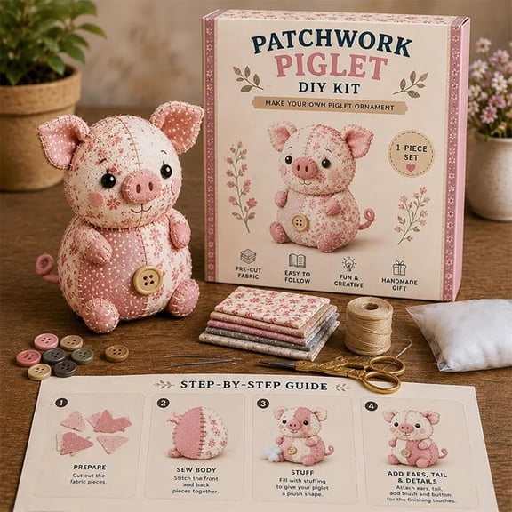 DIY Patchwork Animal Kit – Create Your Own Adorable Animals, Funny 3D Handmade Sewing Craft Kit, DIY Creative Patchwork Animal Art Craft, Gifts for Adults、Kids or Anyone who Enjoys Relaxing (Pig)