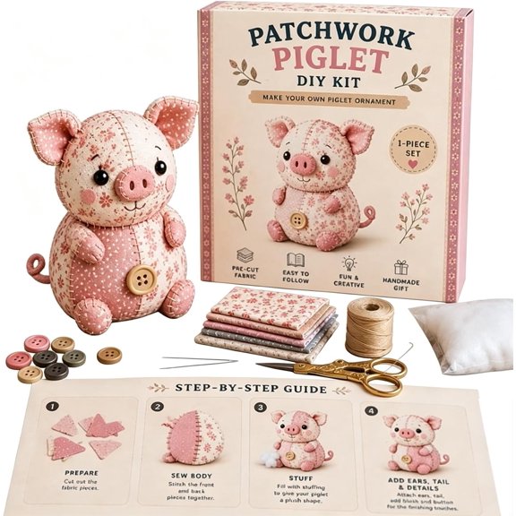 DIY Patchwork Animal Kit, Handmade Sewing Craft Kit with Pre-Cut Fabric & Stuffing, Create Your Own Adorable Animals, 3D Cute Patchwork Animal DIY Kit Beginners, Craft Lovers (Pig)