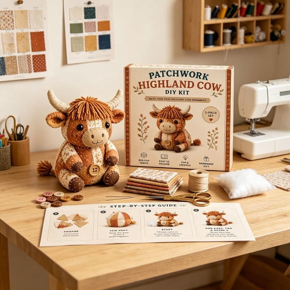 DIY Patchwork Animal Kit Handmade Sewing Craft Kit with Pre-Cut Fabric & Stuffing, Plush Animal DIY Set for Cute Ornament, Shelf Dcor, Quilting, Crafting & Creative Gift Projects(Highland Cattle)