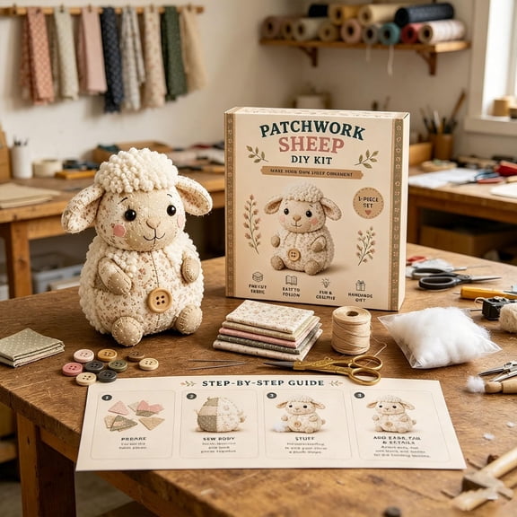DIY Patchwork Animal Kit, Handmade Sewing Craft Set with Floral Fabric, Stuffing, Tools, 3D Cute Patchwork Animal DIY Kit for Adults, Beginners, Craft Lovers, Gift for Birthdays, Holidays(Sheep)