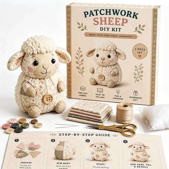 DIY Patchwork Animal Kit, Handmade Sewing Craft kit with Floral Fabric & Pre‑Cut Materials, 3D Cute Patchwork Animal DIY Kit for Adults Beginners, Craft Gift for Birthdays Holidays (Sheep)