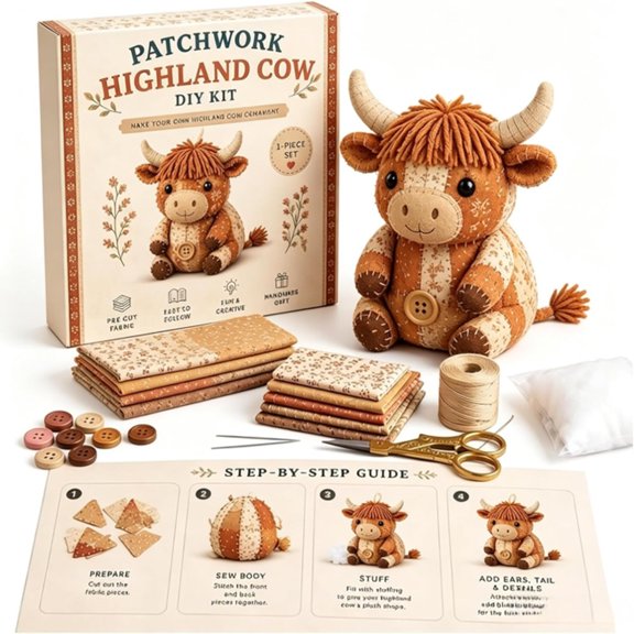 DIY Patchwork Animal Kit, Patchwork Highland Cattle DIY Kit, Handmade Sewing Craft Set with Floral Fabric, Patchwork Animal DIY Kit for Adults Craft Lovers, Birthdays Christmas Gifts