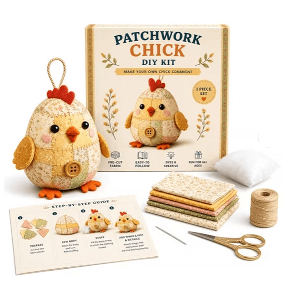 DIY Patchwork Chicken Kit – Handmade Sewing Craft Kit with Pre-Cut Fabric & Stuffing, Plush Animal DIY Set for Cute Ornament, Shelf Décor, Quilting, Crafting & Creative Gift Projects