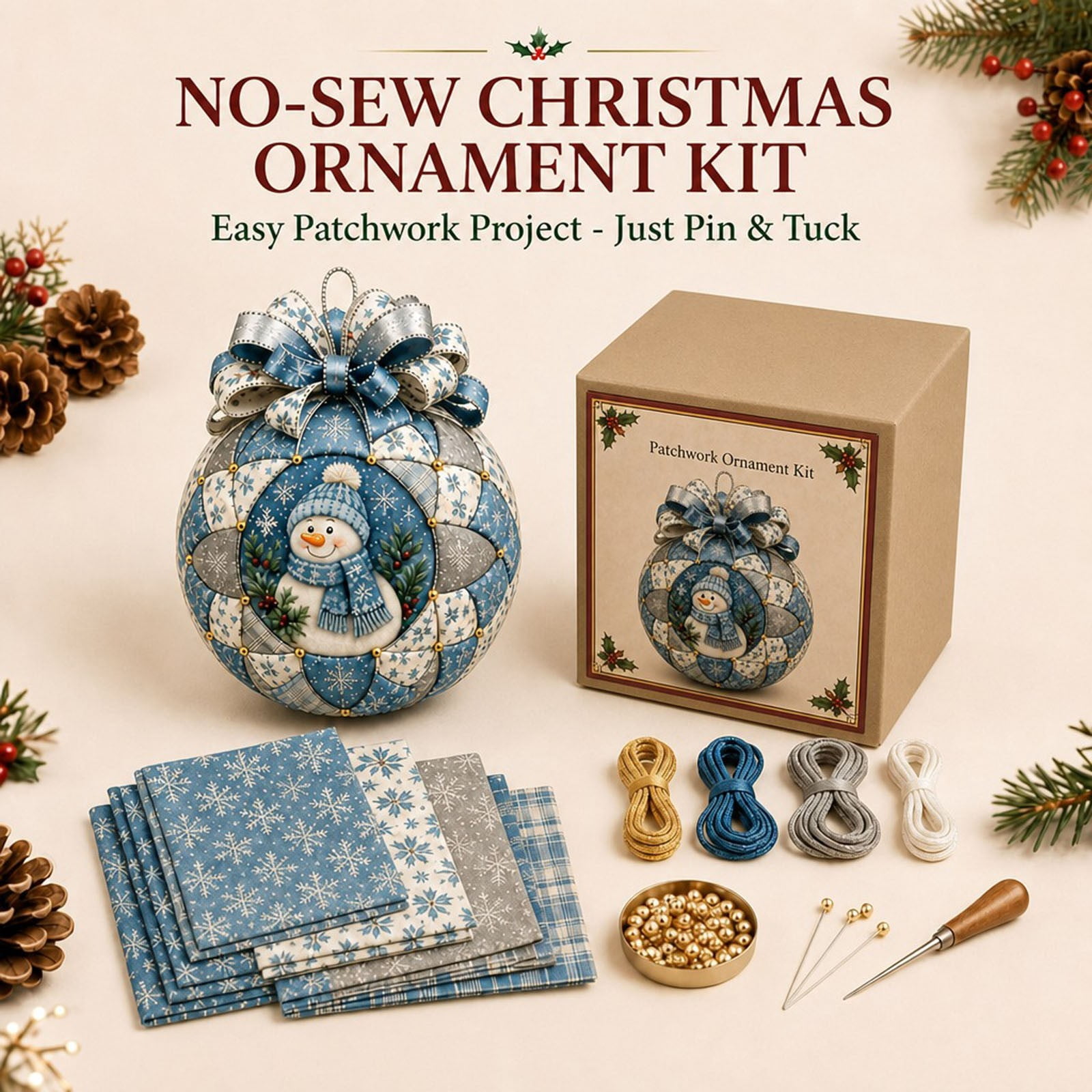 DIY Patchwork Christmas Ball Kit Fabric Ornament Set with Foam Base Bow ...