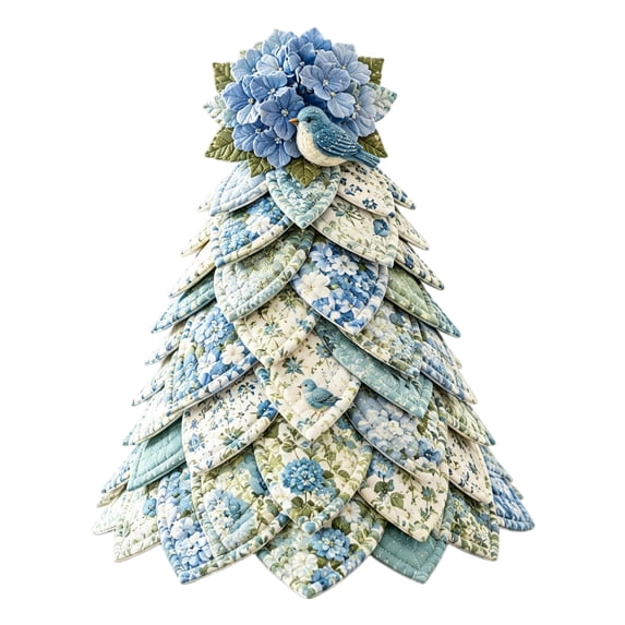 DIY Patchwork Christmas Tree Kit, Blue Floral Quilted Fabric Tabletop Tree with Bird and Flower Topper, Handmade Christmas for Holiday Home Decor and Gifts