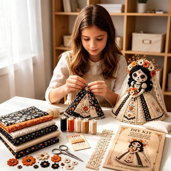 DIY Patchwork Doll Sewing Craft Kit, Day of the Dead Style Fabric Craft for Adults, Festive Home Decor Handmade Project