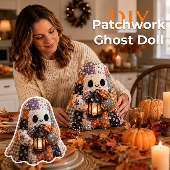 DIY Patchwork Ghost Doll Kit, Handmade Fabric Ornament Sewing Set for Halloween Home Decor