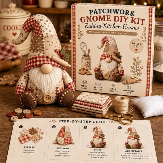 DIY Patchwork Gnome Kit Sewing Craft Fabric Material Pack with Instructions, Beginner Friendly Handmade Home Decor Ornament, Relaxing Quilting Hobby Project, Unique Gift for Adult Sewing Enthusiasts