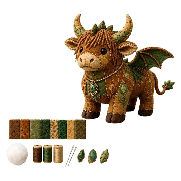 DIY Patchwork Highland Cattle Sewing Craft Kit, Pre-Cut Fabric & Stuffing Farm Animal DIY Plush Set, Quilting Craft Ornament for Shelf Table Decor & Creative Gift (1PC)