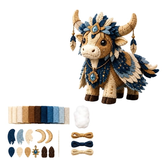 DIY Patchwork Highland Cattle Sewing Craft Kit with Pre-Cut Fabric & Stuffing, Farm Animal DIY Plush Set for Shelf Table Ornament, Quilting Craft Creative Gift Project (1PC)
