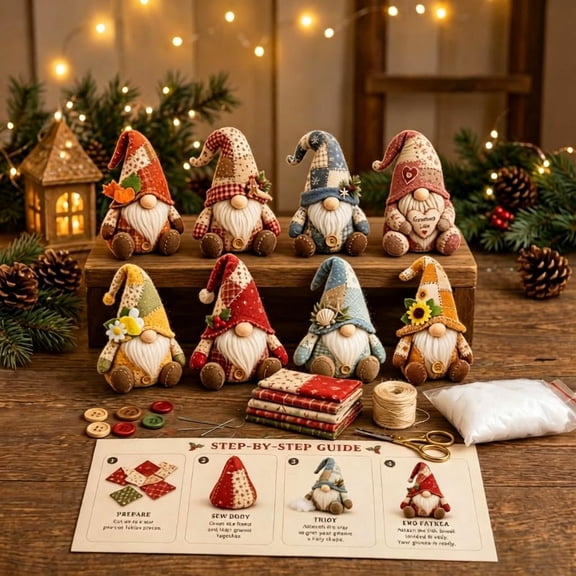 DIY Patchwork Holiday Dwarf Sewing Kit for Christmas Crafting Projects Nordic Style Faceless Elf Handmade Fabric Art Bundle for Home Decor and Creative Gifting