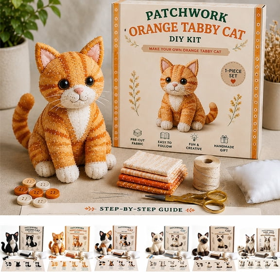 DIY Patchwork Kitty Sewing Kit, Stuffed Animal Craft Set, Felt Plush Cat Making Supplies, Creative Hobby Project for Adults, Beginner Sewing Pattern, Homemade Gift Idea, Cute Cat Decor, A