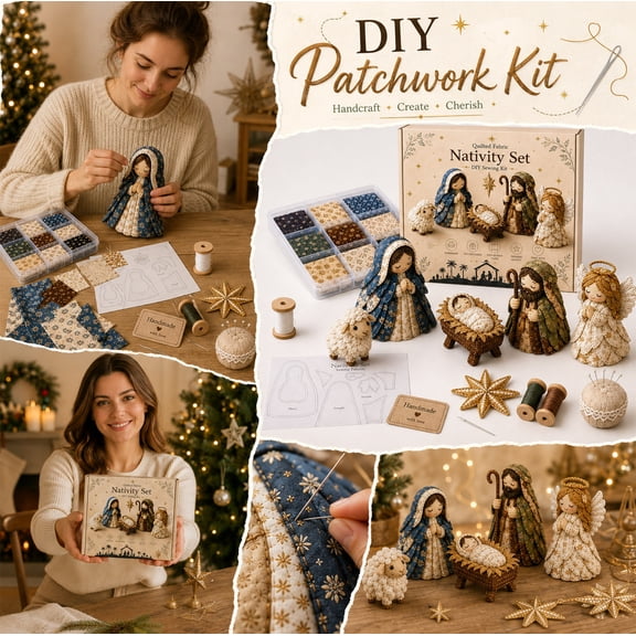 DIY Patchwork Nativity Scene Sewing Kit , Complete Sewing Craft Set with Instructions, Beginner Friendly Rustic Tiered Tray Decor for Christmas