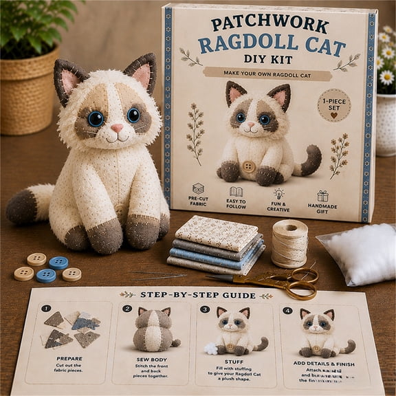 DIY Patchwork Orange Tabby Cat Sewing Kit, Pre-Cut Fabric Animal Stuffed Craft Kit for Adults Beginners Gift