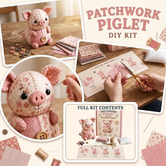 DIY Patchwork Pig Sewing Kit – Scandi-Style Folk Animal Doll Pattern with Pre-Cut Fabrics & Stuffing, Handmade Farmhouse Decor Craft for Adults Beginners