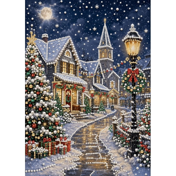 DIY Pearl Art Diamond Painting Kit,Snowy Night Christmas Town 3D Pearl Art Gemstone Craft Set with Tabletop Wall Decor Gift, 12 x 16 Inch