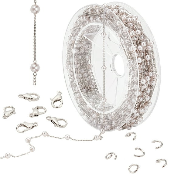 DIY Pearl Beaded Chain Jewelry Set Making Kit Including Plastic Pearl Beaded Brass Chains Open Jump Rings Stainless Steel Color Chain: 2x1.2x0.4mm