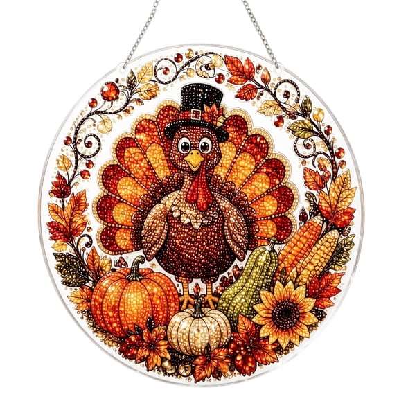 DIY Pearl Diamond Art Hanging Ornament Kit Thanksgiving Turkey, Acrylic Gem Art Painting Window Suncatcher for Home Wall Decor, Holiday Gift