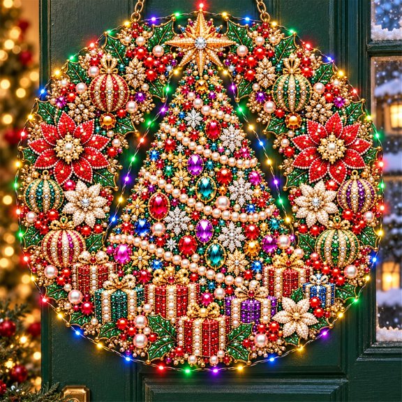 DIY Pearl Diamond Art Painting Light Up Wreath Kit, Special-Shaped Pearl Bead Gem LED String Lights Hanging Ornaments for Adults, Home Front Door Wall Pendant Decor, Jeweled Christmas Tree