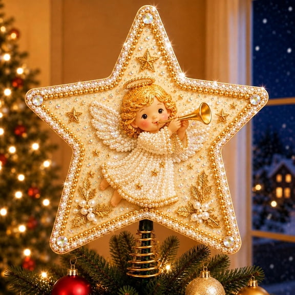 DIY Pearl Diamond Painting Christmas Tree Toppers, Christmas Star Tree Toppers, DIY Craft Decor Star Tree top, Pearl Beads Art Craft Treetop Topper for Christmas Tree Decoration (E)