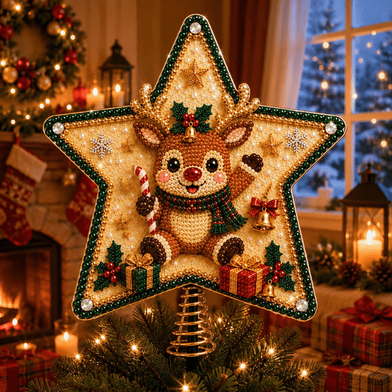 DIY Pearl Diamond Painting Christmas Tree Toppers – Sparkling Star Craft with Multiple Styles, Rhinestone Pearl Treetop Decor, Beginner-Friendly Holiday Craft Kit (Topper-Reindeer)