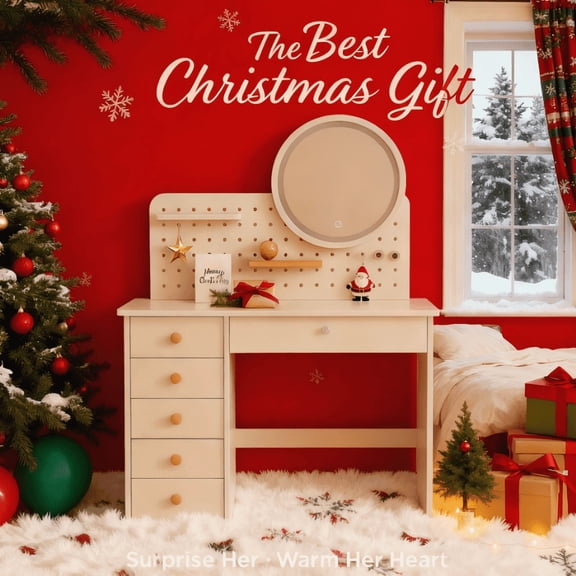 DIY Pegboard Vanity Table Makeup Vanity With 6 Drawers, Lockable Storage & Pegboard Shelves, Stylish Desk Gift For Girls, Teens & Christmas Holidays