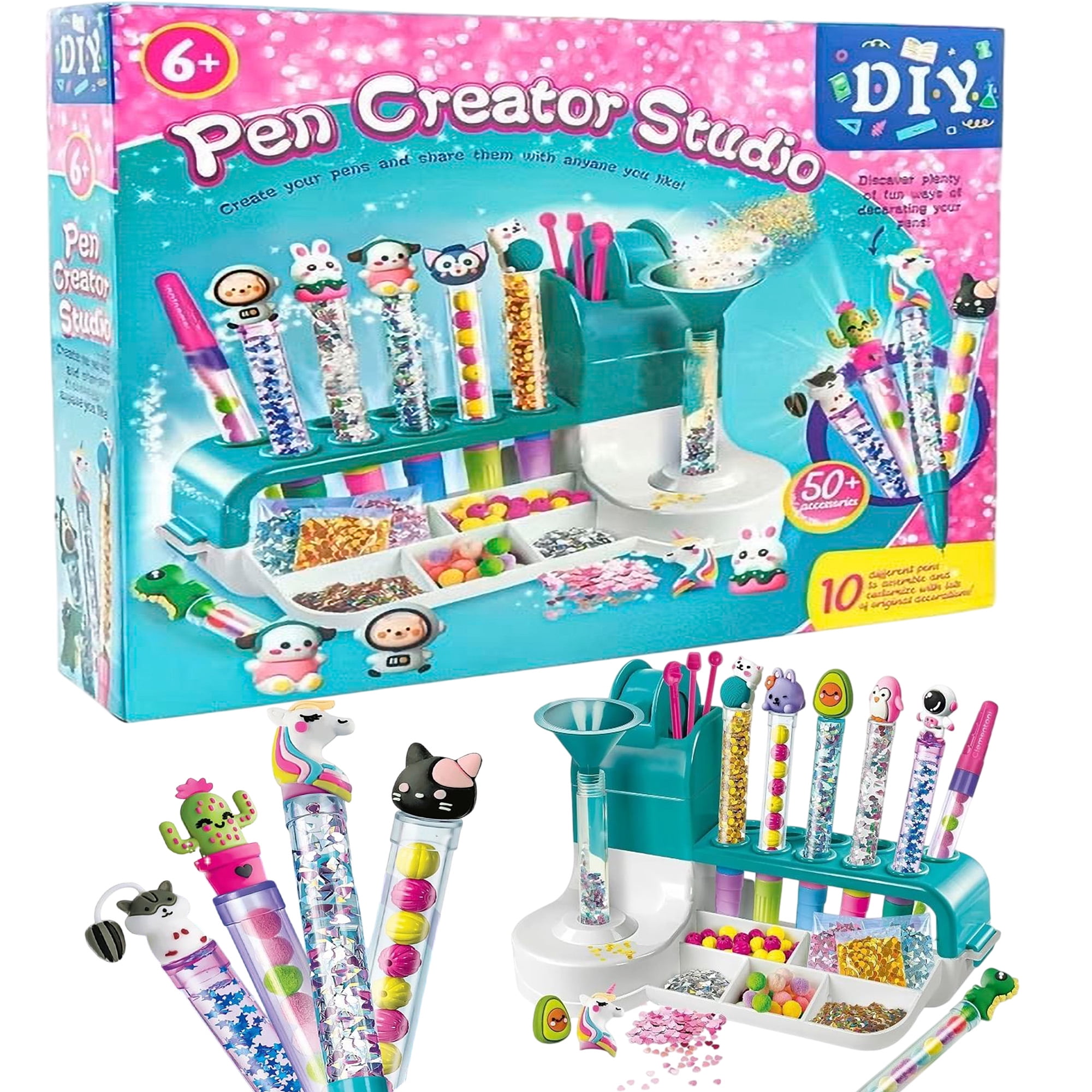 DIY Pen Making Kit with Pen Creator Studio, 50+ Accessories, Make 10 Sparkly Decorative Pens with Beads, Sequins and Charms, Craft Activity Gift Set